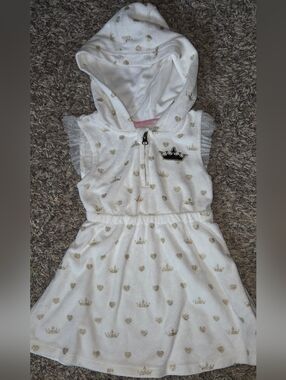 Disney White Hooded Zip Swimsuit Cover Up Dress W/Gold Hearts and Silver Crown
